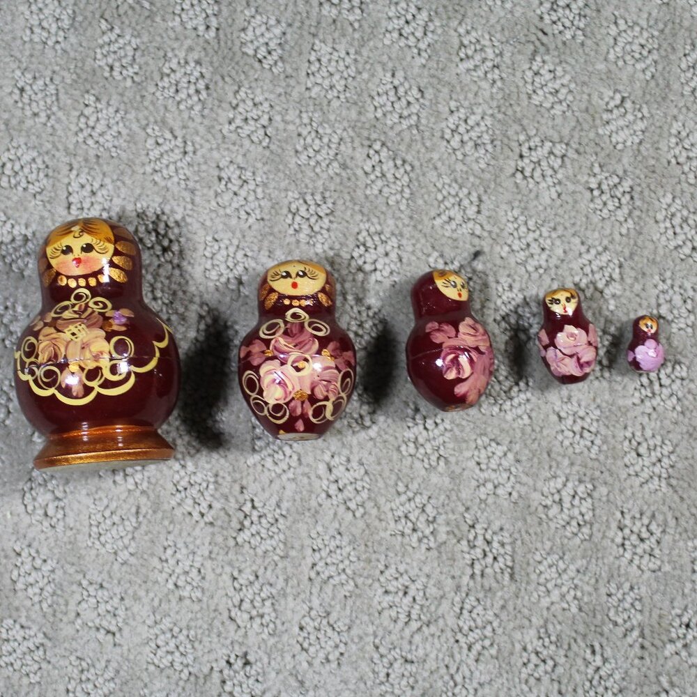 Set of 5 Maroon Matryoshka Russian Lady Nesting Dolls - 3 in Tall